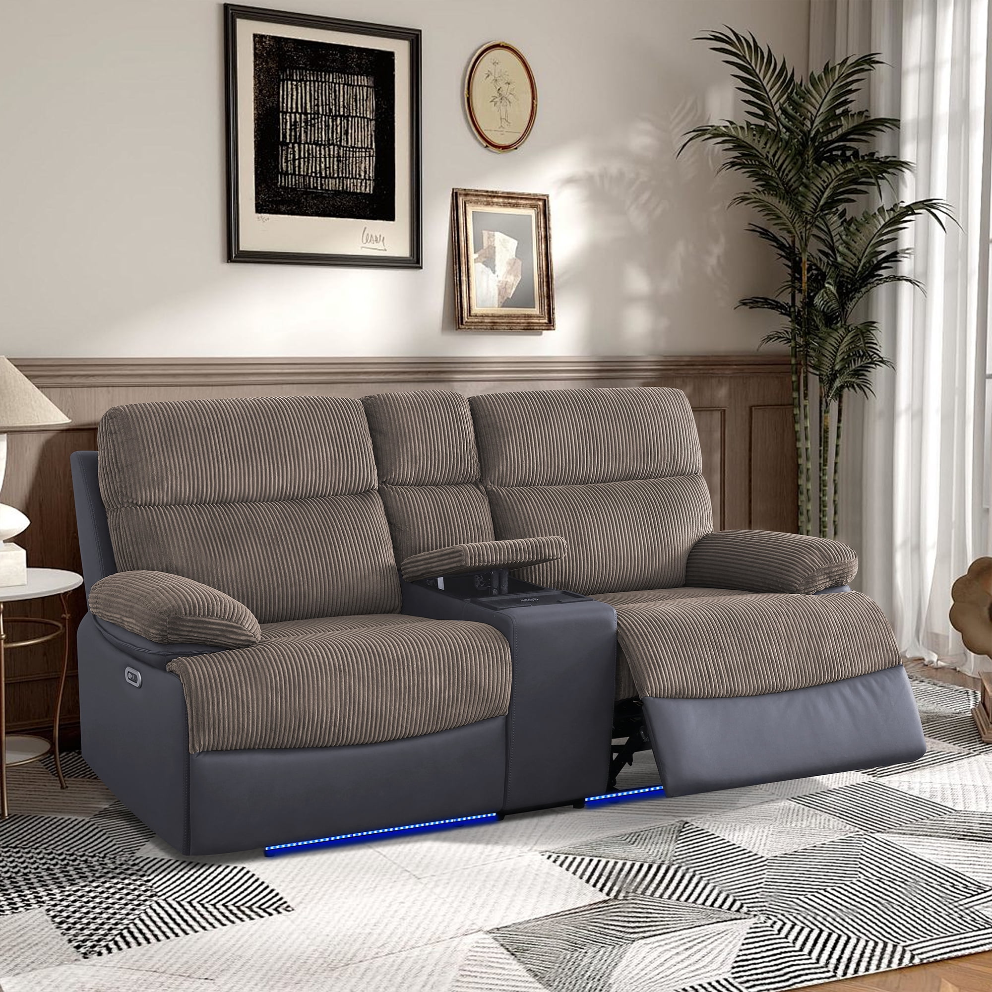 Gewnee Power Recliner with Wireless Charging, Adjustable Positions, USB & Type‑C Ports, Hidden Storage, Home Theater Furniture, Flocking‑Brown&Blackish Gray