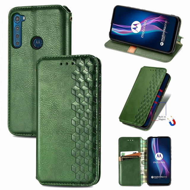 Étui pour Motorola MOTO One Fusion Plus, Portefeuille à Rabat Magnétique Protecteur - Vert