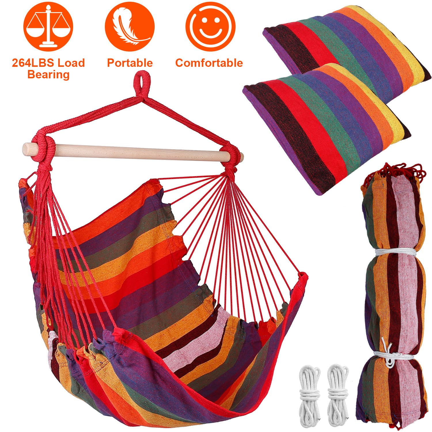 iMountek Hanging Chair Canvas Porch Patio Swing Seat, Portable Camping Rope Seat Wooden Stick Hammock Chair, Red