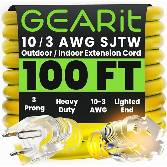 GearIT 10AWG Three Prong Outdoor Extension Cord, Heavy Duty, Indoor and Outdoor, Weather Resistant, 100 ft