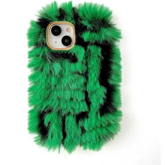 Fluffy Fuzzy Furry Warm Plush Stripe Pattern Compatible with iPhone Case (Green,iPhone 13 Pro)