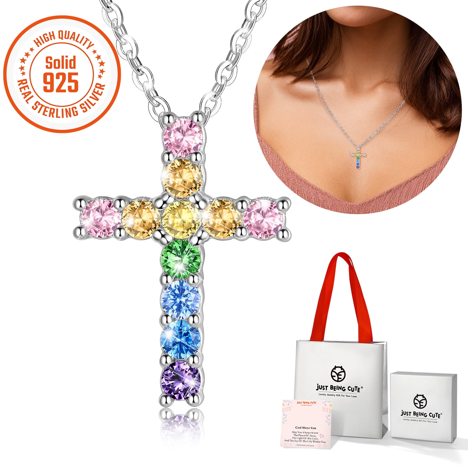 JustBeingCute Real Sterling Silver Cross Necklace for Women Girls, Colorful Zirconia Cross Faith Pendant Necklaces God Bless You Graduation Mothers Day Jewelry Gifts Her/Mom