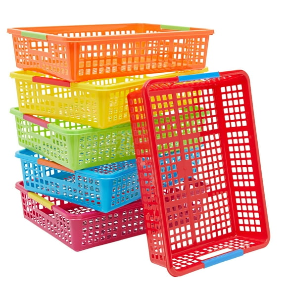 6 Pack Plastic Turn In Paper Trays, Colorful Storage Bin Basket Organizers, 6 Colors (10 x 13.5 In)