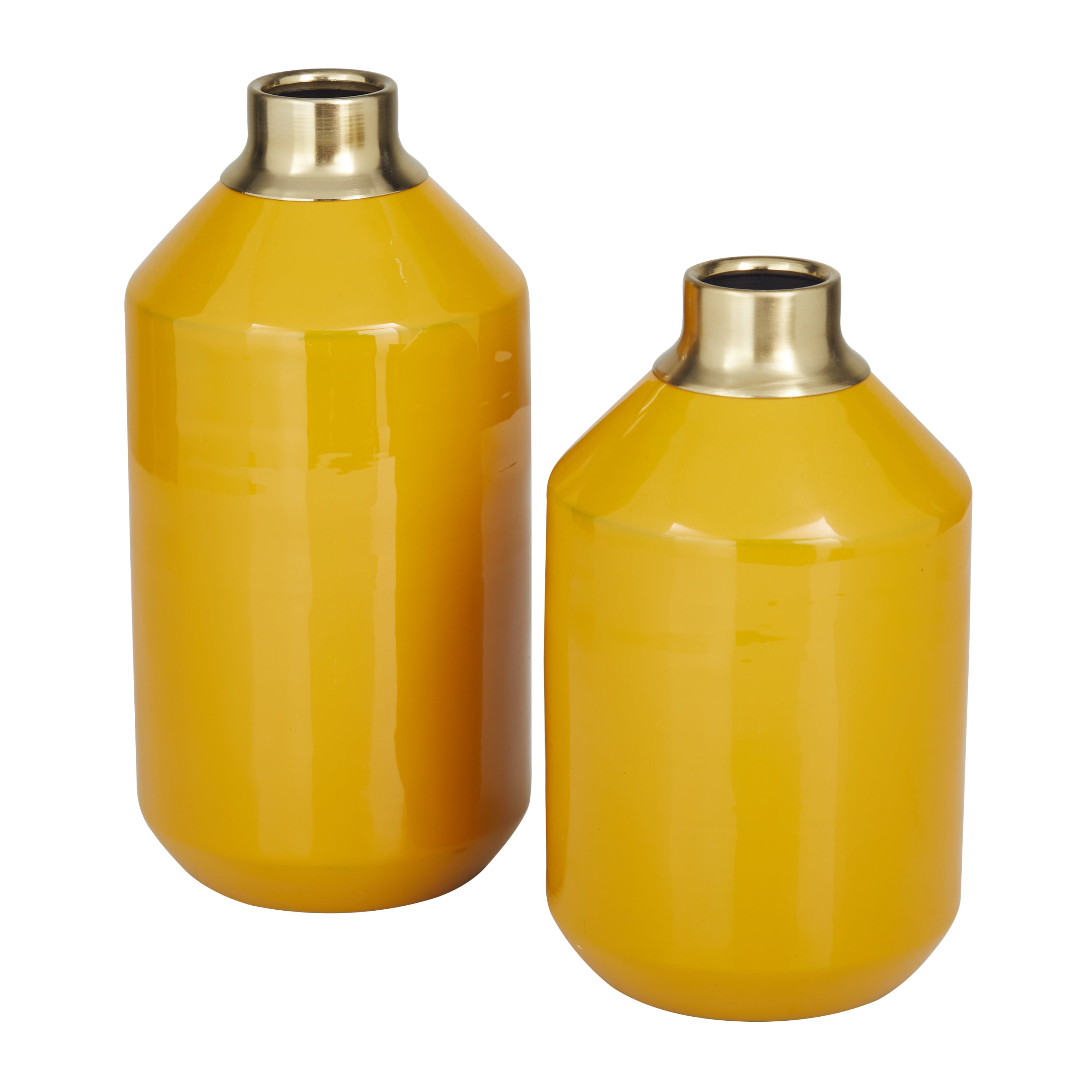 DecMode 10", 8"H Yellow Metal Vase with Gold Rims, Set of 2