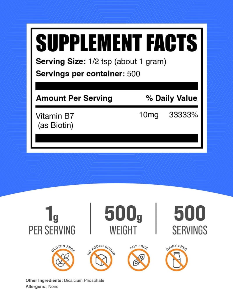 BulkSupplements Biotin Powder - Vitamin B7, 10mg per Serving - 500 Grams (1.1 lbs) - 50000 Servings