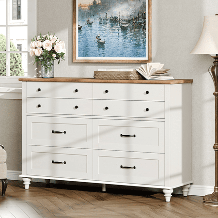 White 8 Drawer Dresser for Bedroom Wooden Chest of Drawers for Living Room
