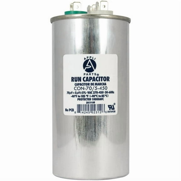Appli Parts Dual Run Capacitor for ac 70 5 Mfd uF (microfarads) 370VAC or 450VAC CBB65 Round Universal fit for hvac and other applications 5-1/8 in High 2-1/4 in Wide CON-70/5-450