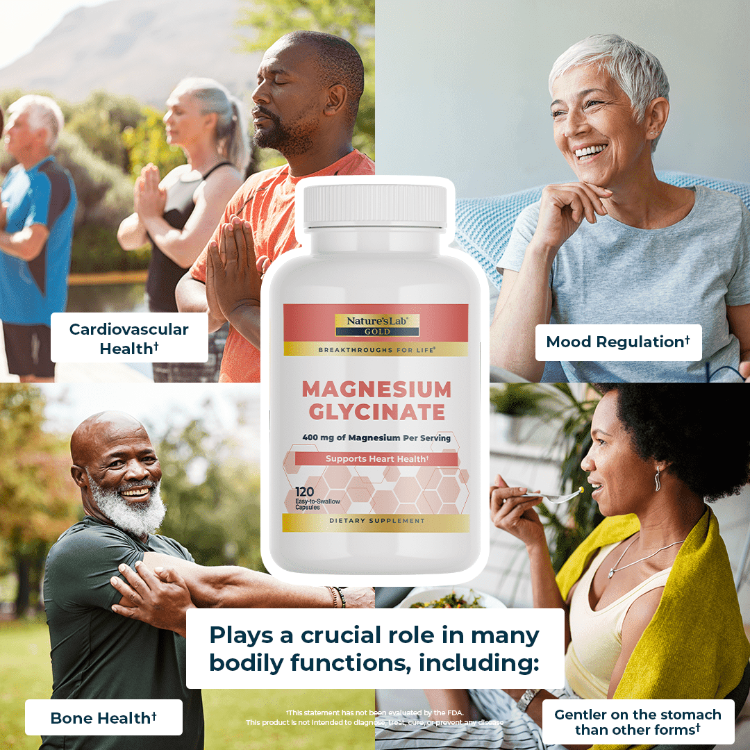 Nature`s Lab Gold Magnesium Glycinate 400mg - 120 Capsules (30 Day Supply) - Supports Cardiovascular Health, Muscle & Nerve Function*