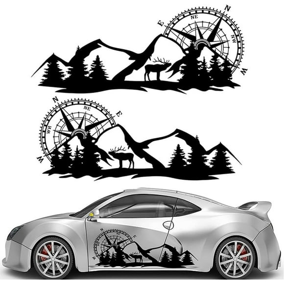 2PCS Car Decals, Compass with Mountain Car Body Stickers for Men, Waterproof Vinyl Hood Decal Auto Graphics Body Side Truck Decals