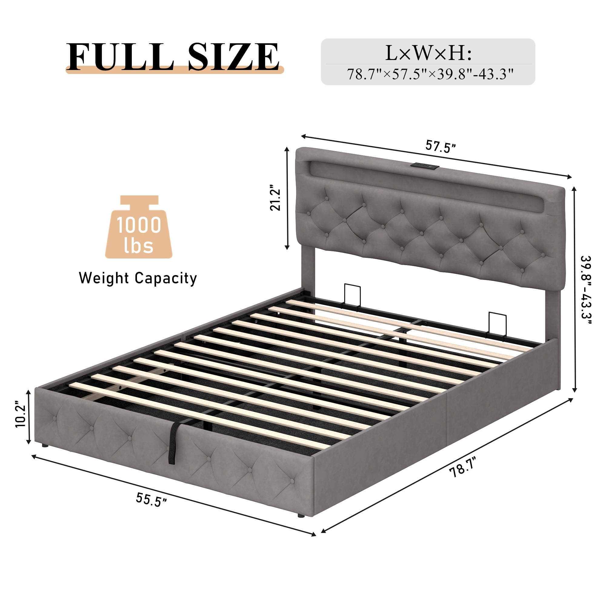 Queen Lift Up Bed Frame with LED Light & Power Outlets, Velvet Storage Bed with Adjustable Headboard, Upholstered Platform Bed(Beige-Queen)