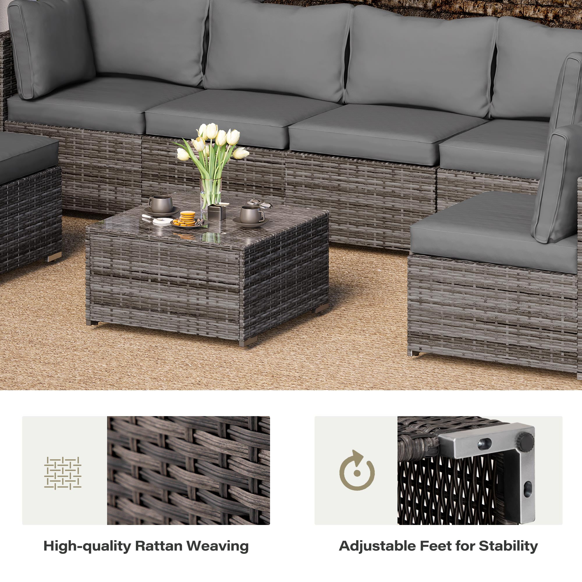 LAUSAINT HOME 7 Pieces Outdoor Furniture Set, Patio Sectional Conversation Set with 6 Chairs and 1 Coffee Table, Gray Cushions