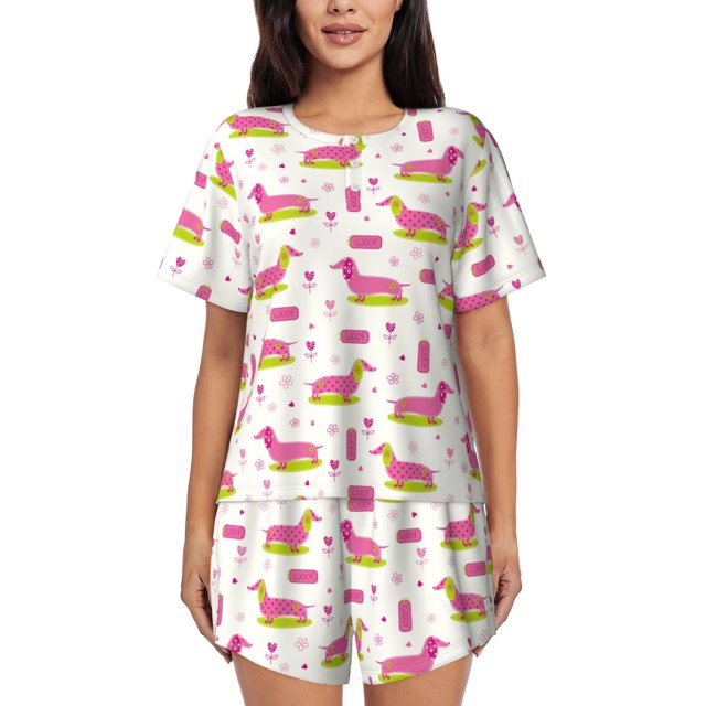 Fotbe Dachshund Dog Puppy Conjunto de Pijama Estampado para Mujer, 2 Piezas, Ropa de Dormir con Camiseta de Manga Corta y Shorts Suaves-X-Large
