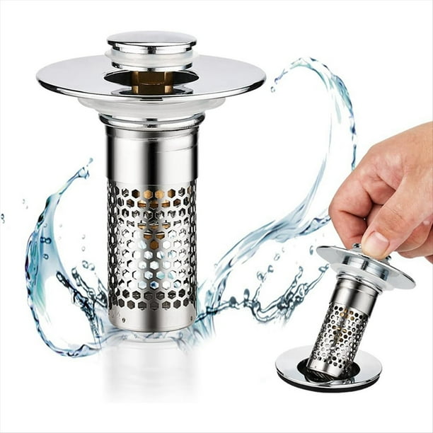 Tapón de Lavabo de Baño Emergente, Colador de Drenaje de Acero Inoxidable con Canasta para Recoger Cabello