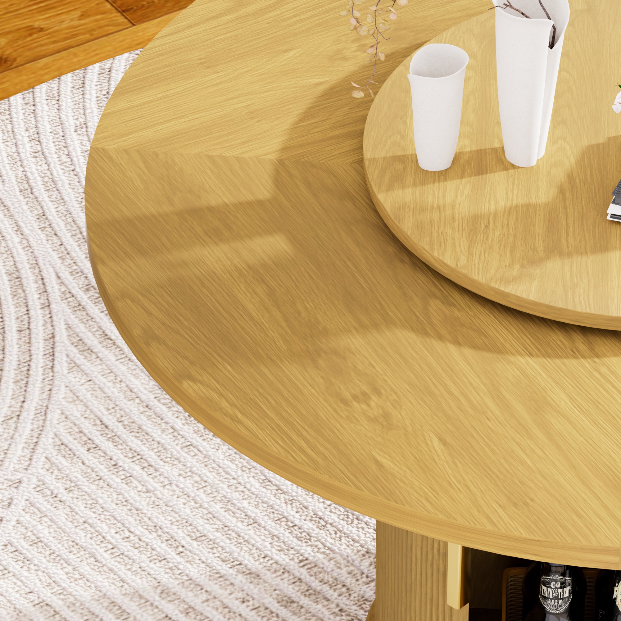 PORKISS Modern Round Dining Table, 55 Inch Circle Kitchen Tables for 6 with Double-tiered Storage Rack and Rotating Tabletop Tray, Wood Strip Base, Farmhouse Table for Kitchen, Dining Room, Natural