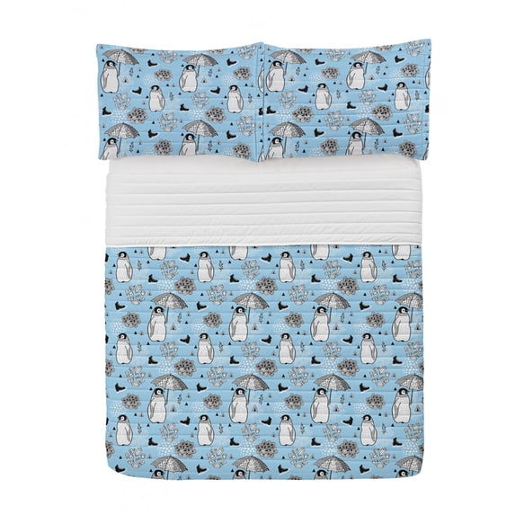 Cartoon Microfiber Bedspread Set, Penguins with Umbrellas and Ice Skates in Zigzags Stripes Dots Arctic, Soft Bedding Set with Pillow Shams & Comforter, 3 Sizes, Sky Blue Black and White, by Ambesonne