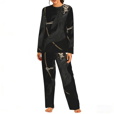 Women s 2 Pack Pajama Set Long Sleeve Sleepwear Soft Loungewear Pjs Sets Grim Reaper Skull Moon
