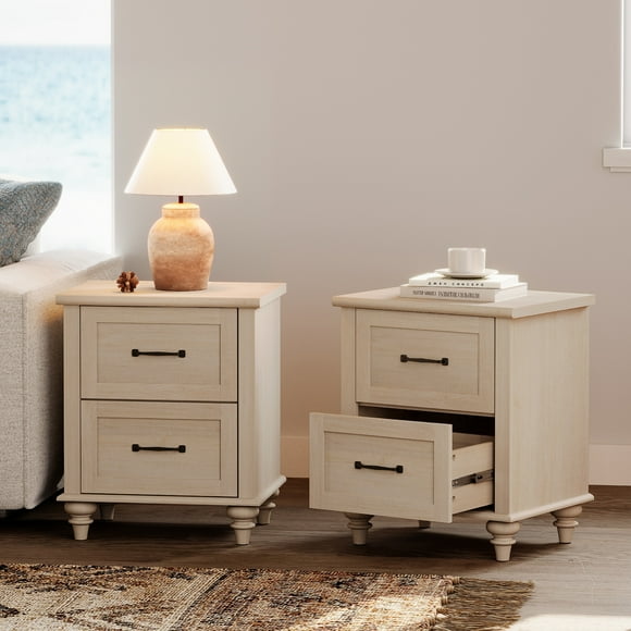 WAMPAT 2-Pack Nightstands with Charging Station, Side Tables with 2 Drawers, End Tables for Living Room Bedroom, Elegant Bedside Table for Dorm, Light Oak