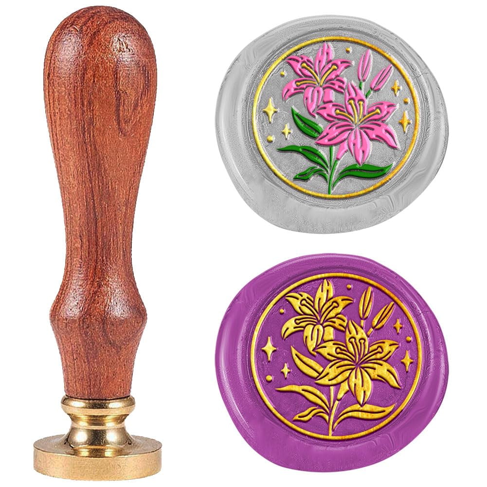 Wax Seal Stamp Set Sealing Wax Stamp Solid Brass Heads with Wood Handles for Envelopes Invitations Gift Card May Lily 83x22mm