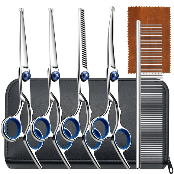 7 in 1 Dog Grooming Scissors Kit, Professional 4CR Stainless Steel & Heavy-duty Dog Scissors for Grooming w/ Safety Round Tips, Sharp & Study Pet Grooming Shears Kit for Dogs Cats Pets