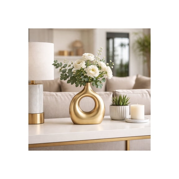Hollow Ring Metal Vase for Living Room Decor - Modern Accent Flower Vase for Home Display - Room Centerpiece Accent for Bedroom Vanity, House, or Office  Study Table Styling - 10", Gold & Metallic