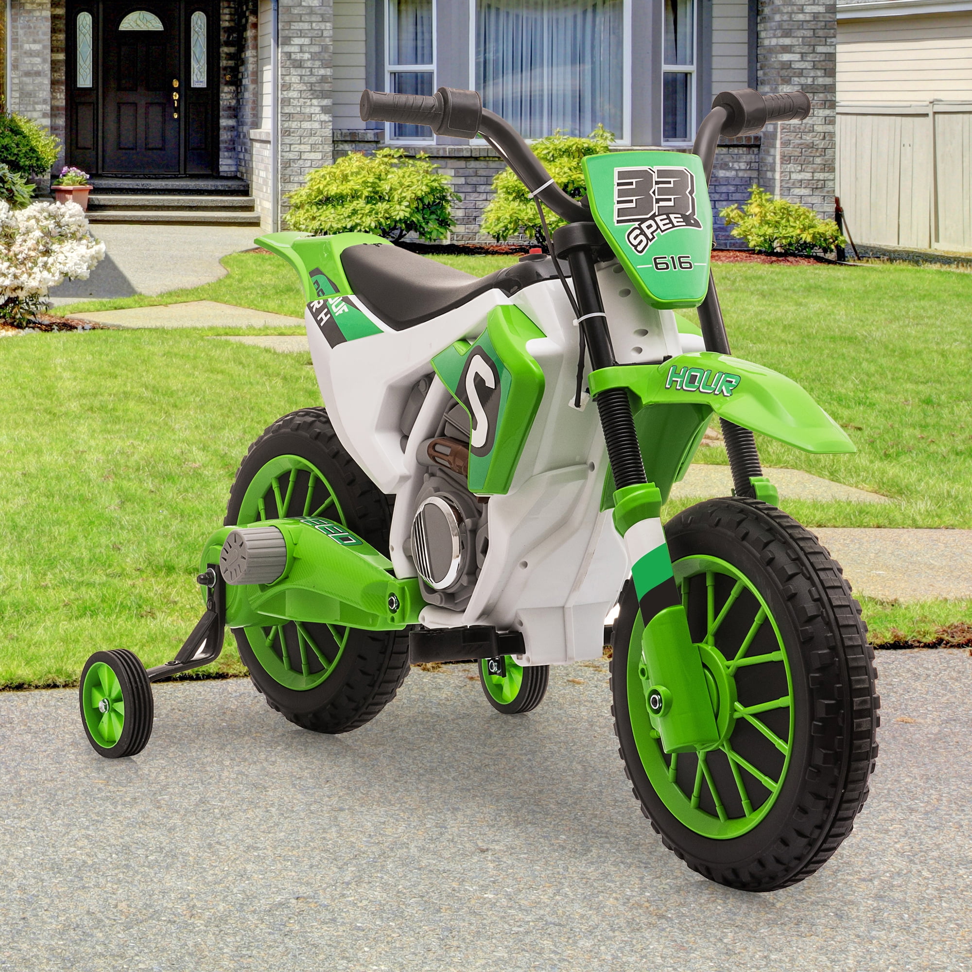TOBBI 12V Electric Motorcycle for Kids Dirt Bike Ride on Toy Battery Powered Off-Road Motorbike w/ 2 Speeds, 35W Dual Motors, Training Wheels, Green