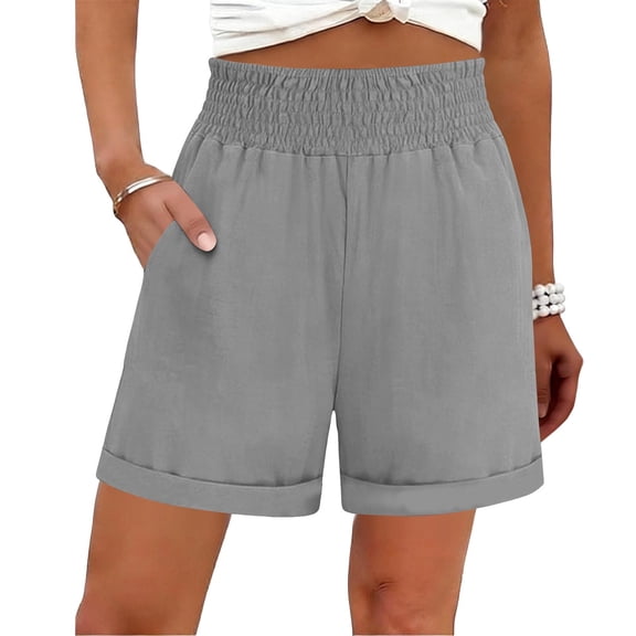 Kilaqueen Women's Cotton Linen Shorts with Elastic Waist and Pockets, Cuffed Wide Leg Pull On Shorts for Summer Travel, Beach and Casual Daily Wear