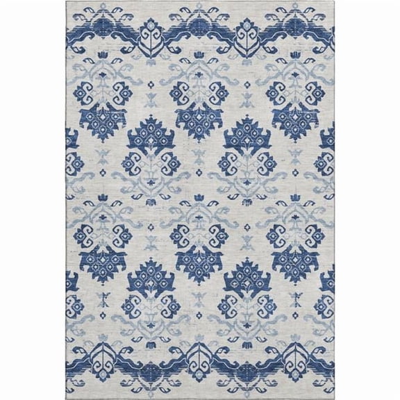 HomeRoots 663779 9 x 12 ft. Navy Blue & Ivory Medallion Transitional Washable Machine Made Rectangle Area Rug with UV Protection