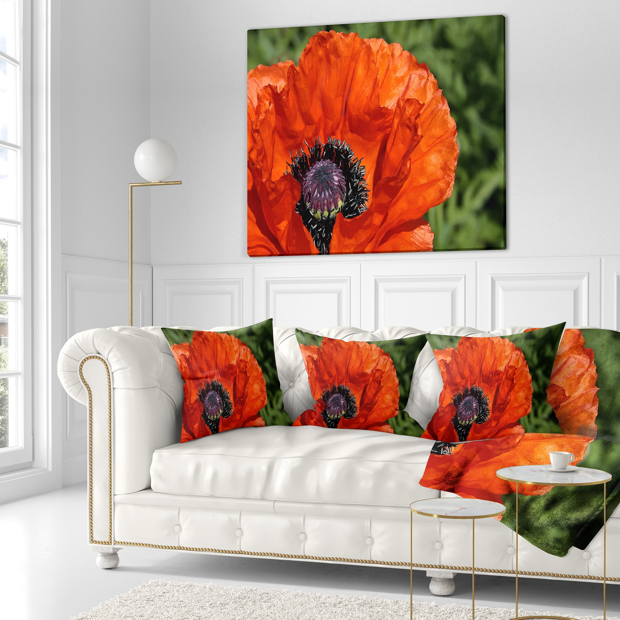 Designart Close Up View of Red Poppy Flower - Floral Throw Pillow - 16x16