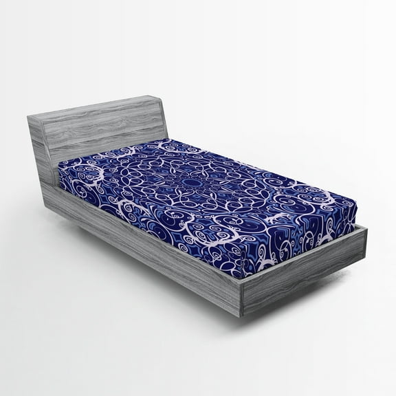 Ambesonne Mandala Fitted Sheet, Bohemian Floral Circle, Twin Size, Purple White and Blue