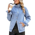 thumbnail image 3 of 2026 Women's Oversized Jean Jacket Vintage Washed High Neck Denim Jacket Asymmetrical Button Down Street Style Coat, XL, 3 of 7