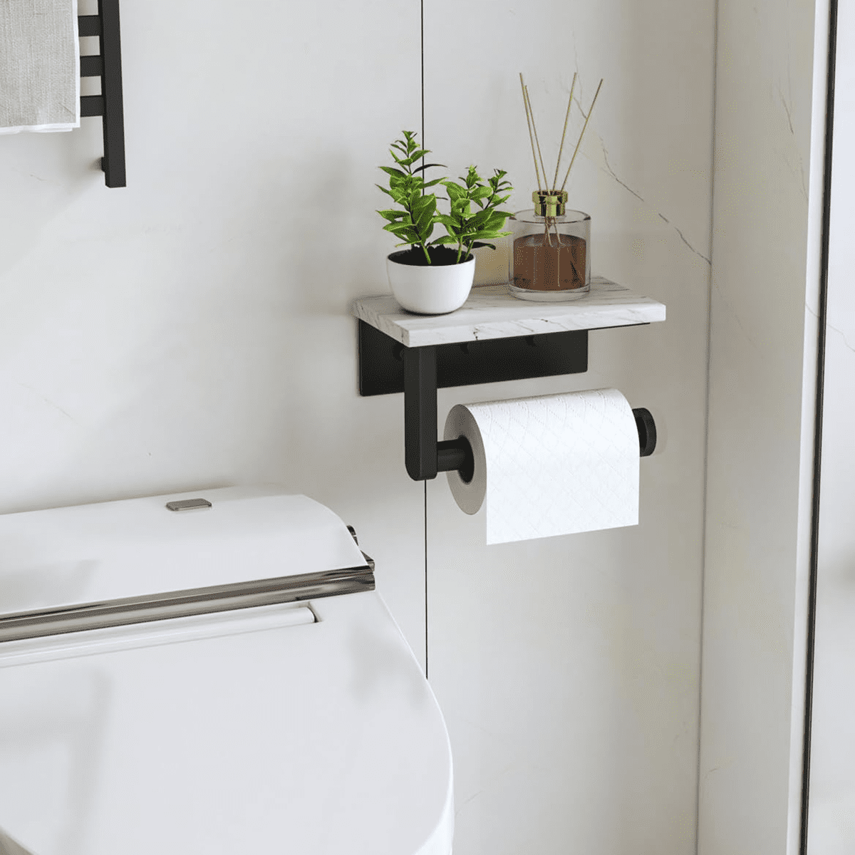 Qtmnekly Marble Toilet Paper Holder with Shelf Toilet Paper Roll Holder Wall Mount for Bathroom Cabinet Decorative, Black
