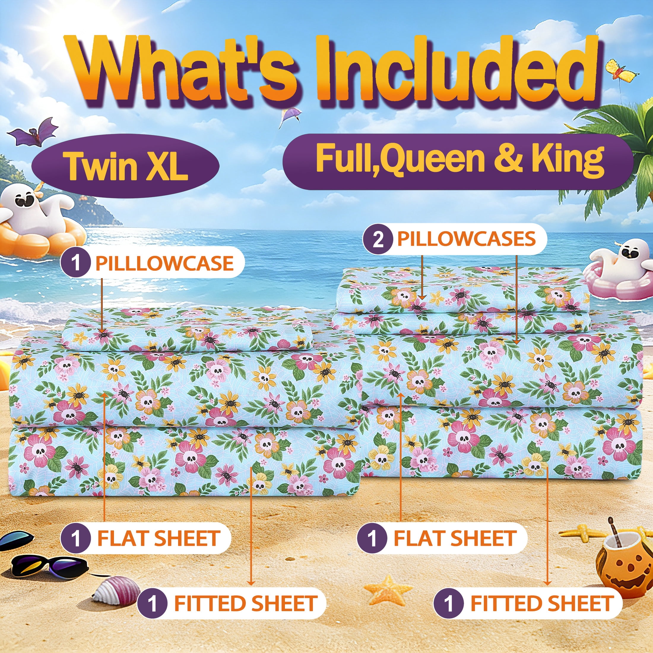 Summerween Soft Microfiber Sheet Set, Floral Skulls, Queen