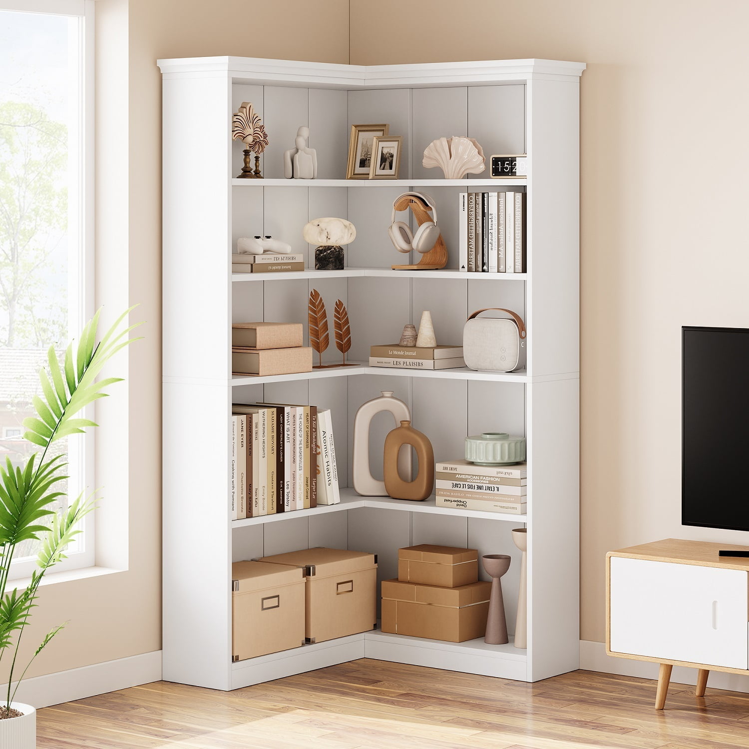 EuKer 5 Tier Corner Bookcase, L-Shaped Bookshelf with Large Storage Capacity for Living Room, Bedroom, Office (Full Panel, White)