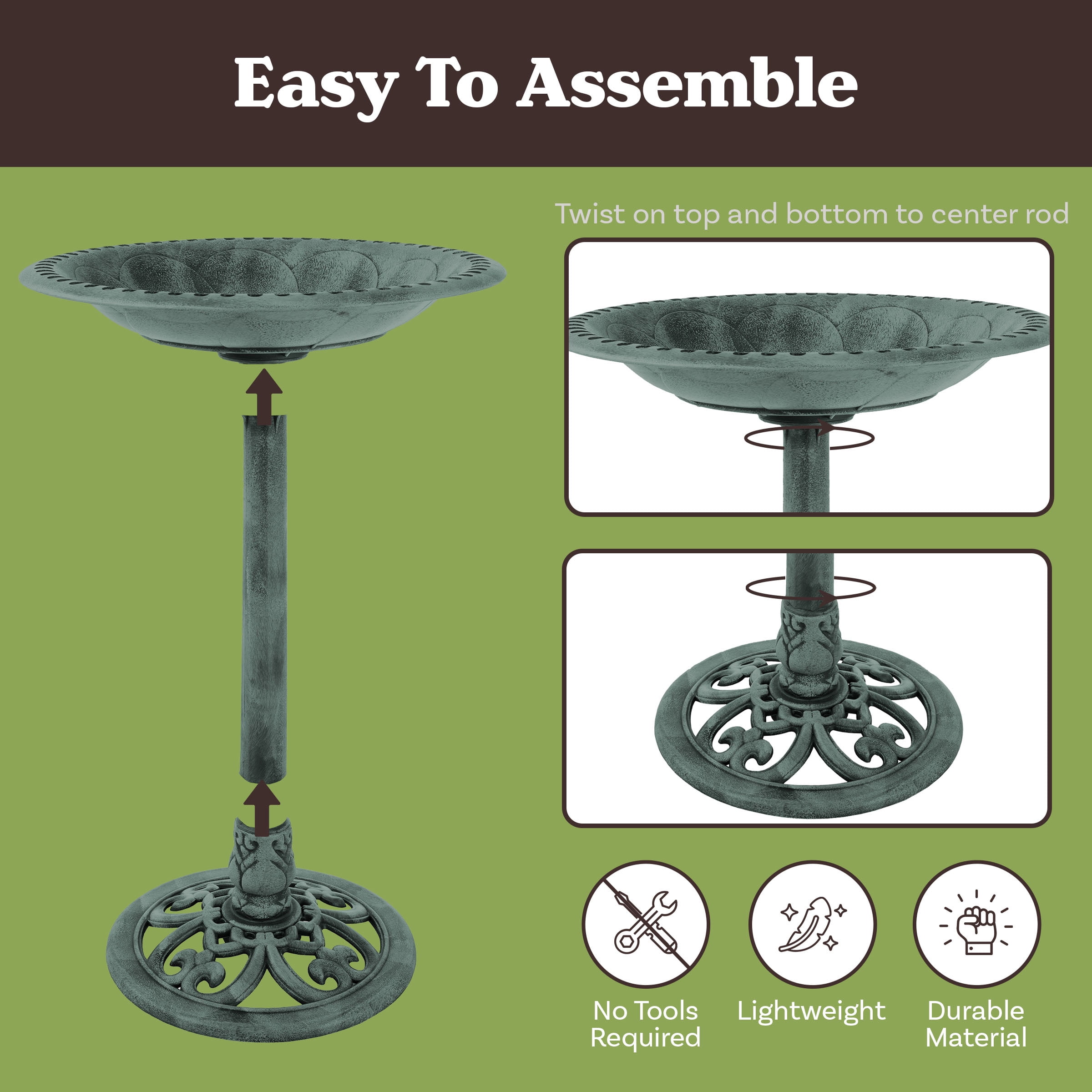 Pure Garden Weather-Resistant Antique Bird Bath with Stakes (Patina Green)