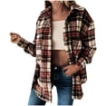 thumbnail image 2 of IROINID Veste Courte Décontractée pour Femmes Col Rabattu Surchemise à Carreaux Manches Longues, Marron, 2 of 5