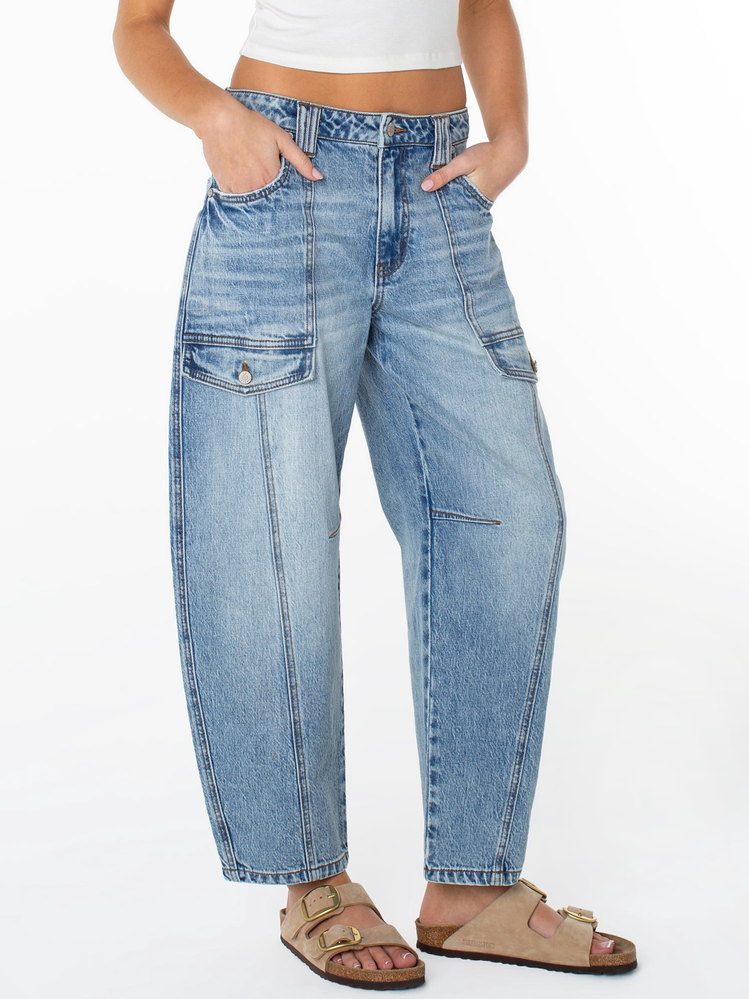 Celebrity Pink Women's Mid Rise Utility Barrel Jeans, Sizes 1-21