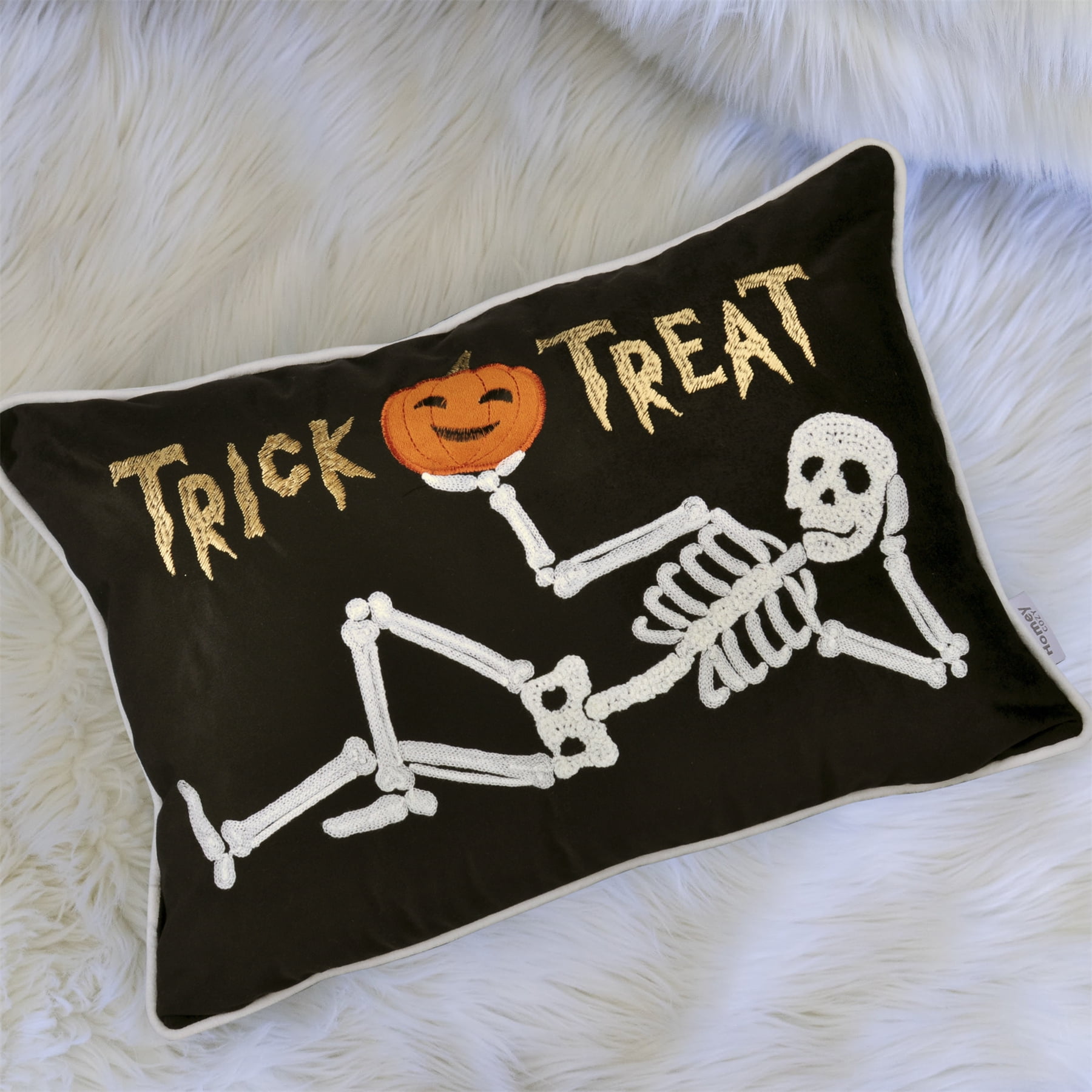 Trick-or-Treat Black Embroidered Pumpkin Graphic Polyester 14 in. x 20 in. Decorative Throw Pillow