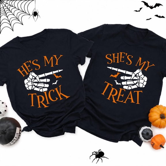 PAVIG He's My Trick She's My Treat Halloween Couple Matching Skeleton Tee