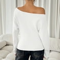 thumbnail image 6 of FRSASU Womens Boat Neck Sweaters Solid Color Long Sleeve off Shoulder Winter Loose Knit Pullover Tops White, 6 of 6
