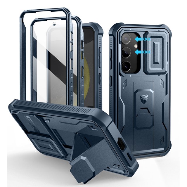Dexnor for Samsung Galaxy S24 Case with Built-in Slide Camera Cover & Screen Protector & Kickstand, Heavy-Duty Shockproof Rugged Case Full-Body Bumper Protective Cover for Galaxy S24 2024, Blue