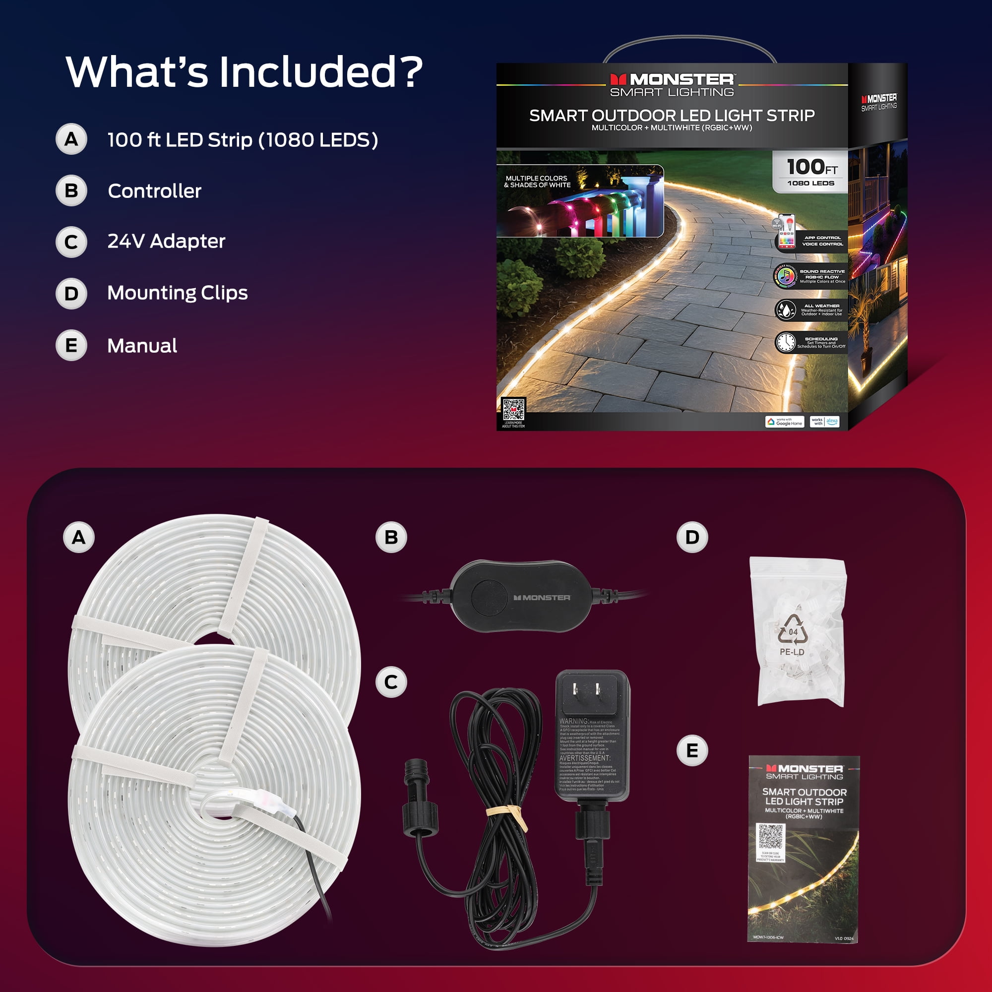 Monster Smart 100ft Outdoor LED Strip Lights, Multicolor Flow LED Lights for Patio & Backyard, App & Voice Control