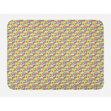 Colorful Bath Mat, Hipster Funky Mosaic of Color Blocks and Rectangles Cartoon Style Illustration, Plush Bathroom Decor Mat with Non Slip Backing, 29.5" X 17.5", Multicolor, by Ambesonne