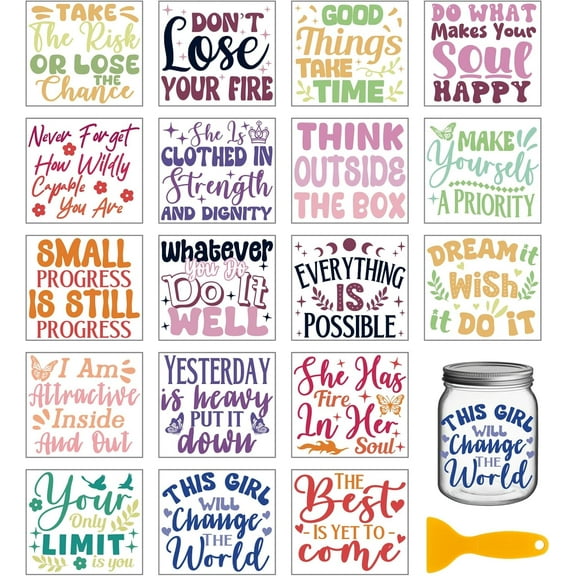 18 Sheets Inspirational Blessings Transfer Stickers 3.9x3.6inch Motivational Greetings Rub on Transfer Stickers Colorful Decal for Furniture Vase Glass Mason Jar Decorations Art Crafts