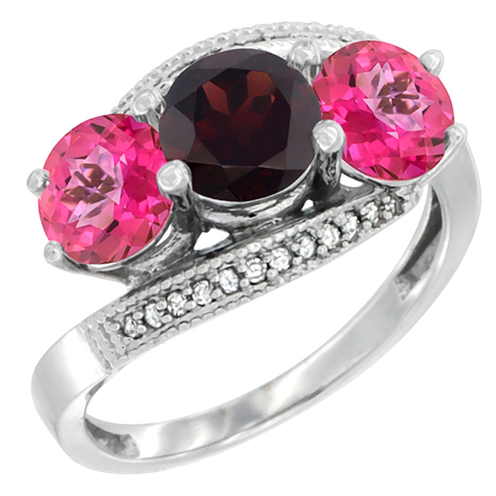 10K White Gold Natural Garnet & Pink Topaz Sides 3 stone Ring Round 6mm Diamond Accent, sizes 5 10 by WorldJewels