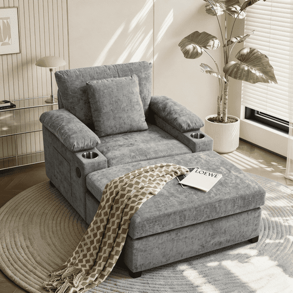 Chaise Lounge Chair Indoor, Chenille Single Reading Chair with Armrest Storage and USB, Cup Holders, Grey
