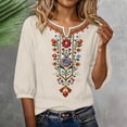 thumbnail image 6 of Favoffer Women's Washed Crinkle Linen Blend Shirt Boho Plus Size Embroidered Tunic 3/4 Sleeve V Neck Loose Peasant Top Elegant Summer Daily Travel Party Blouse, 6 of 7