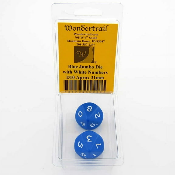 Blue Jumbo Dice with White Numbers D10 31mm Pack of 2 Wondertrail