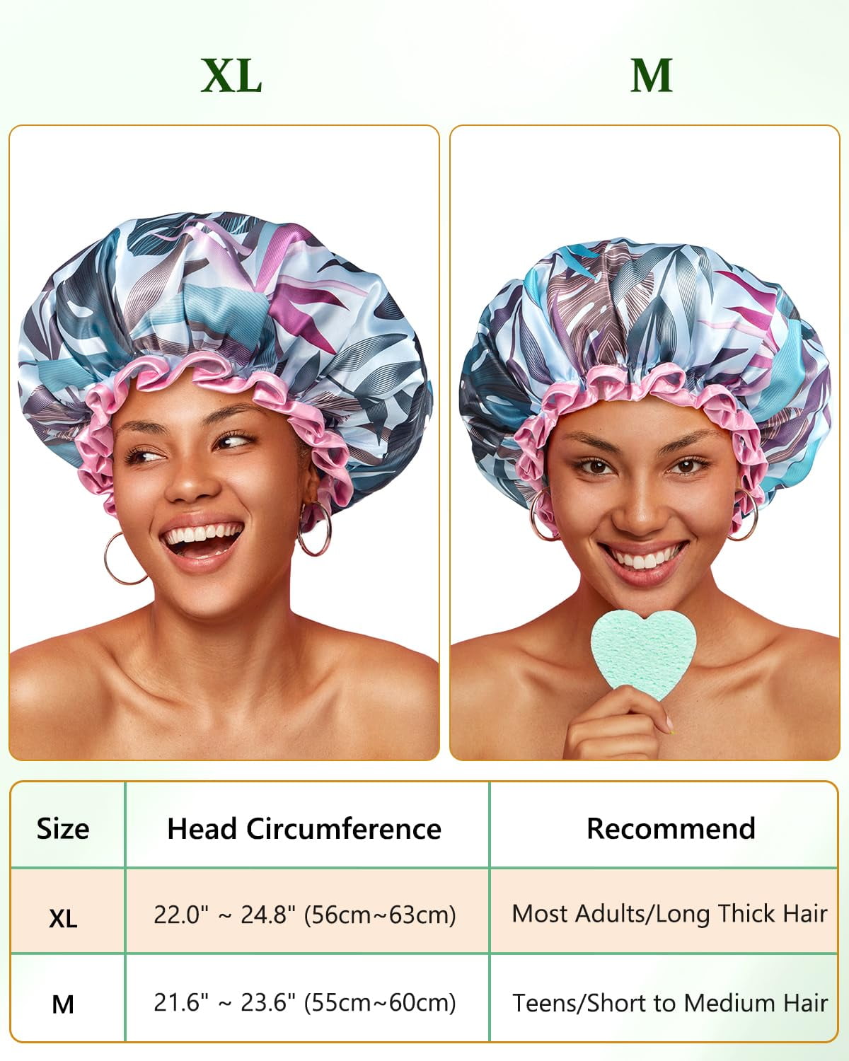 mikimini Large Shower Cap for Women Reusable Waterproof, Hair with Double Layers, Tropic Style Cover Elastic Band suit Long Hair, Braids