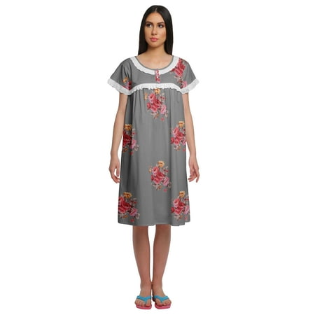 Moomaya Womens Printed Round Neck Nursing Sleepwear Cotton Poplin Nightdress