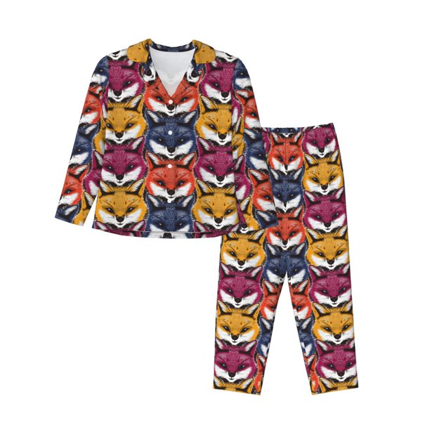 Balery Fox Face Conjunto de Pijama con Estampado para Mujer, Conjunto de Dos Piezas con Manga Larga, Ropa de Dormir Suave con Bolsillos, Pijamas Cómodos-X-Large